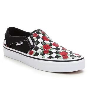 🌹 Vans Women's Slip-On Shoes - Black & White Checker and Roses